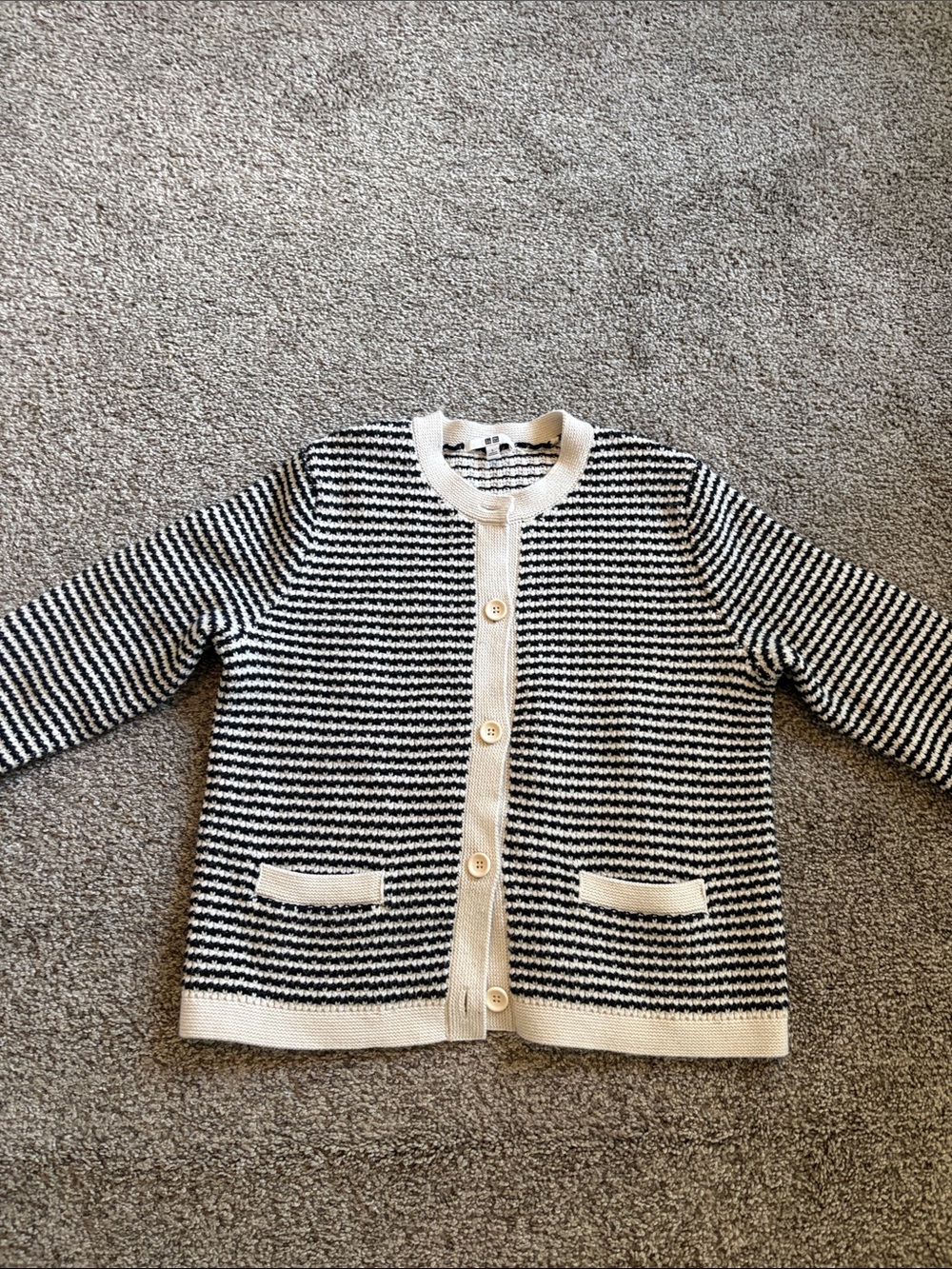 Uniqlo Black and Cream Striped Crewneck Cardigan